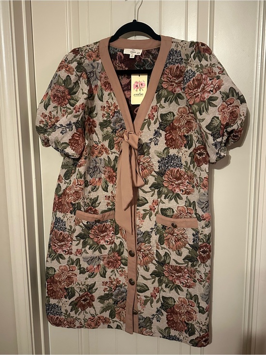 Dresses & Skirts - Floral Tie-Front Short Sleeve Coatigan in Blush - Unbranded